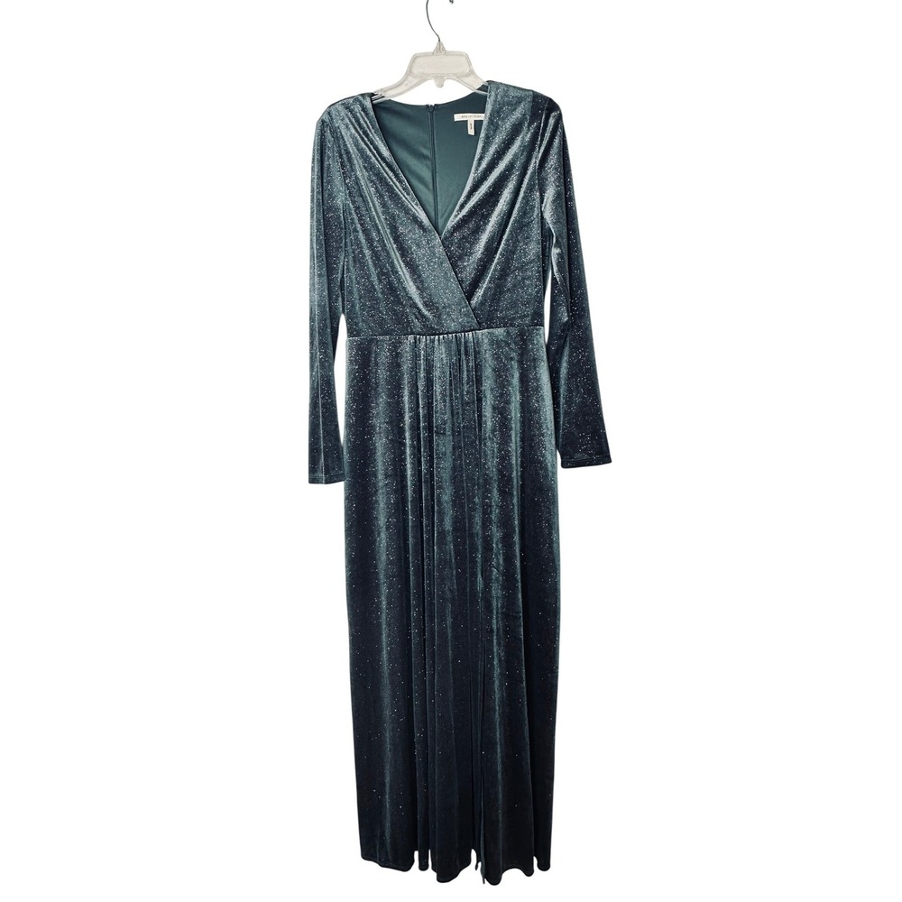 Avec Les Filles Teal Velvet Glitter Long Sleeve V Neck Formal Event Gown 12